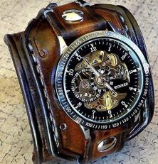 Steampunk Leather Wrist Watch, Skeleton Men’s watch, Aged brown Leather Cuff, Bracelet Watch, Watch Cuff