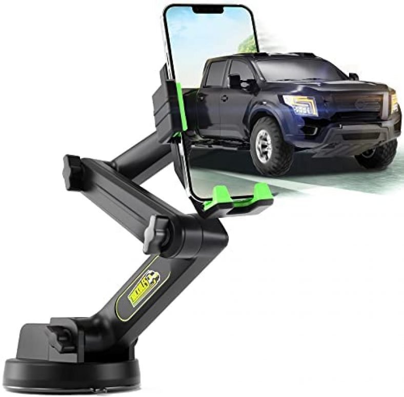 Truckules Truck Phone Holder Mount Heavy Duty Cell Phone Holder for Truck Dashboard Windshield 16.9″ Long Arm, Super Suction Cup & Stable, Compatible with iPhone & Samsung, Green, Pickup Truck
