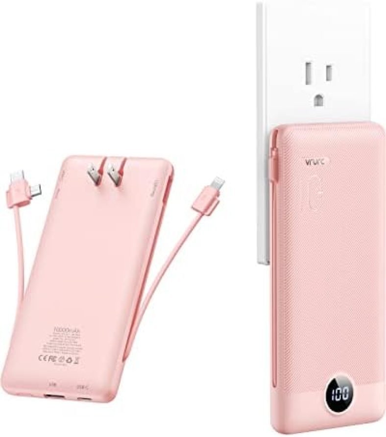 VRURC Portable Charger with Built-in Cables and AC Wall Plug, 10000mAh Phone Charger 5 Output & 2 Input LED Display External Battery Pack, USB C Power Bank Compatible with Smart Devices-Pink VRURC Portable Charger with Built-in Cables and AC Wall Plug, 10000mAh Phone Charger 5 Output & 2 Input LED Display External Battery Pack, USB C Power Bank Compatible with Smart Devices-Pink