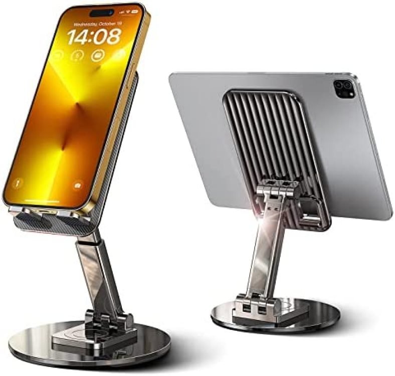 LISEN Rotatable Cell Phone Stand Holder for Desk Foldable iPhone Stand for Desk Height Adjustable Phone Holder Portable Cradle Desktop Dock Mobile Phone iPhone 14 iPad Tablet 4-10” Desk Accessories
