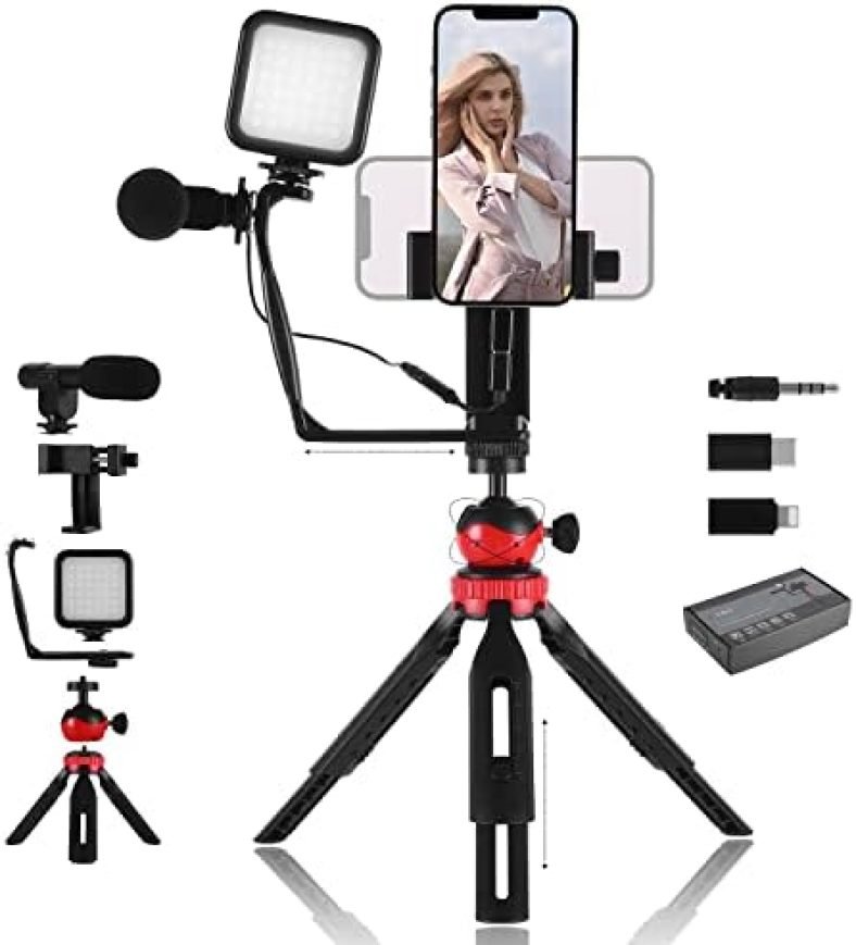 Vlogging Kit for iPhone Android: YouTube Starter Kits Vlog Video Recording Equipment – Accessories: Phone Tripod, Phone Mount, LED Light and Microphone – Black Vlogging Kit for iPhone Android: YouTube Starter Kits Vlog Video Recording Equipment – Accessories: Phone Tripod, Phone Mount, LED Light and Microphone – Black