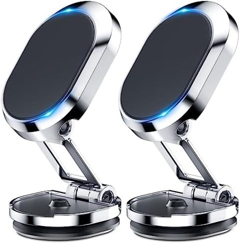 [2-Pack] Magnetic Phone Holder for Car Alloy Folding Magnetic Car Phone Holder [Super Strong Magnet] Car Magnetic Phone Mount 360° Rotation Magnetic Dashboard Cell Phone Holder for All Phones-Silver