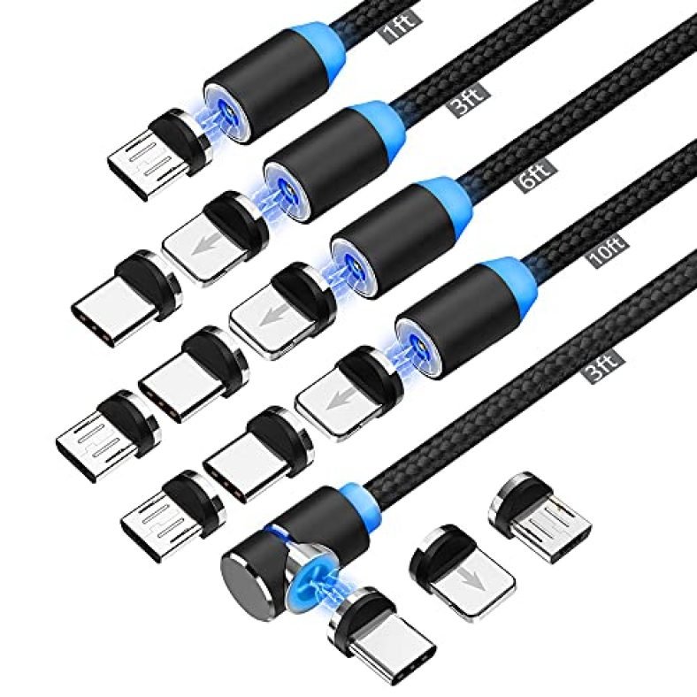 LSGAE Magnetic Charging Cable [5 Pack 1/3/3/6/10ft] 360° Rotating Magnetic Phone Charger Cable with LED Light, 90° Angle Connector, Nylon-Braided Cords -Black
