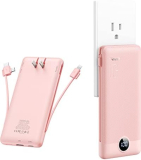 VRURC Portable Charger with Built-in Cables and AC Wall Plug, 10000mAh Phone Charger 5 Output & 2 Input LED Display External Battery Pack, USB C Power Bank Compatible with Smart Devices-Pink