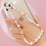 SYSUII Beaded Phone Lanyard Wrist Strap, Kawaii Smiley Face Colorful Rainbow Phone Chain Strap for Women Girls Beads Pearl Bracelet Keychain Phone Accessory Cute Anti-Lost Phone String Decoration