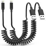 Coiled Lightning Cable 2 Pack, Retractable iPhone Charger Cable for Car,[MFi Certified] Short Apple CarPlay Cord Fast Charging for iPhone 14/13/12/11/Pro Max/XS Max/XR/X/8/7/6/Plus, iPad/iPod
