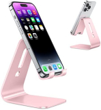 OMOTON Upgraded Aluminum Cell Phone Stand, C1 Durable Phone Holder Dock with Protective Pads, Desk Decor for iPhone 14/13/12/11 Pro Max XR XS, iPad Mini, Android Phones Office Accessories, Rose Gold