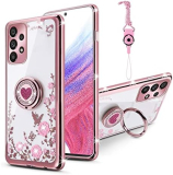 for Samsung Galaxy A53 Case, A53 5G Case for Women Glitter Crystal Soft Bling Cute Butterfly Heart Floral Clear Protective Cover with Kickstand+Strap for Samsung A53 5g (Rose Gold)